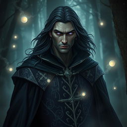 A mystical and enigmatic supernatural character named Corvin, depicted as a tall and imposing figure with dark, flowing hair and piercing violet eyes that seem to shimmer with arcane knowledge