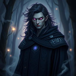 A mystical and enigmatic supernatural character named Corvin, depicted as a tall and imposing figure with dark, flowing hair and piercing violet eyes that seem to shimmer with arcane knowledge