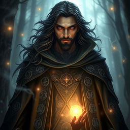 A mystical and enigmatic supernatural character named Corvin, depicted as a tall and imposing figure with dark, flowing hair and piercing violet eyes that seem to shimmer with arcane knowledge