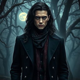 A supernatural gothic character named Corvin, portrayed as a dark and brooding figure standing in an eerie forest