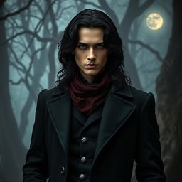 A supernatural gothic character named Corvin, portrayed as a dark and brooding figure standing in an eerie forest