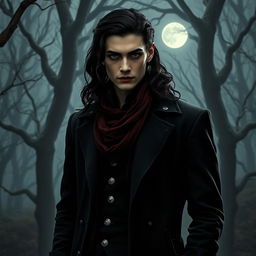 A supernatural gothic character named Corvin, portrayed as a dark and brooding figure standing in an eerie forest