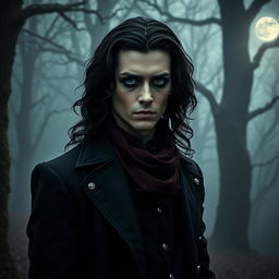 A supernatural gothic character named Corvin, portrayed as a dark and brooding figure standing in an eerie forest