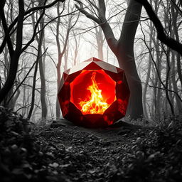 A radiant red gem with fiery glow inside, situated in the center of a black and white forest