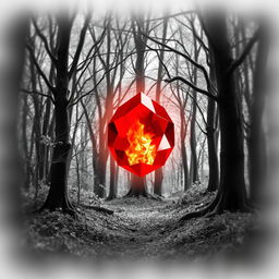 A radiant red gem with fiery glow inside, situated in the center of a black and white forest