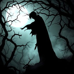 A gothic supernatural silhouette named Corvin, depicted as a dark and mysterious figure standing among twisted trees in a shadowy forest