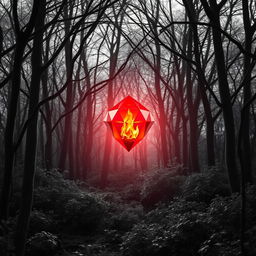 A radiant red gem with fiery glow inside, situated in the center of a black and white forest