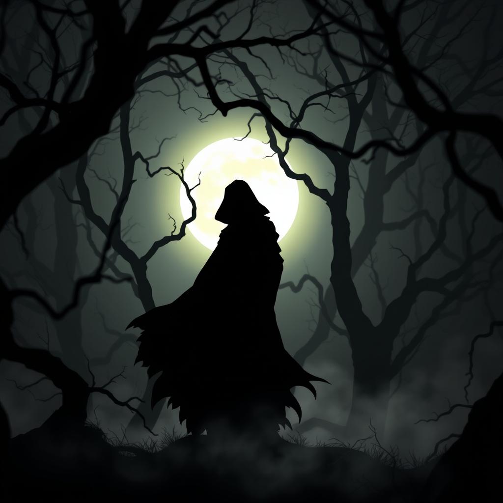 A gothic supernatural silhouette named Corvin, depicted as a dark and mysterious figure standing among twisted trees in a shadowy forest