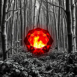 A radiant red gem with fiery glow inside, situated in the center of a black and white forest