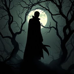 A gothic supernatural silhouette named Corvin, depicted as a dark and mysterious figure standing among twisted trees in a shadowy forest