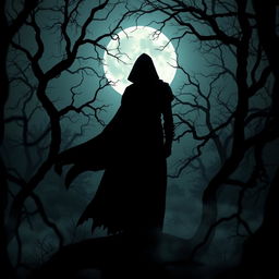 A gothic supernatural silhouette named Corvin, depicted as a dark and mysterious figure standing among twisted trees in a shadowy forest