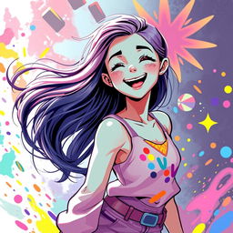 A vibrant and artistic representation of a beautiful girl in a dynamic and colorful environment, expressing joy and freedom