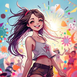 A vibrant and artistic representation of a beautiful girl in a dynamic and colorful environment, expressing joy and freedom