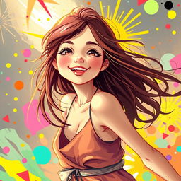 A vibrant and artistic representation of a beautiful girl in a dynamic and colorful environment, expressing joy and freedom