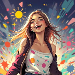 A vibrant and artistic representation of a beautiful girl in a dynamic and colorful environment, expressing joy and freedom