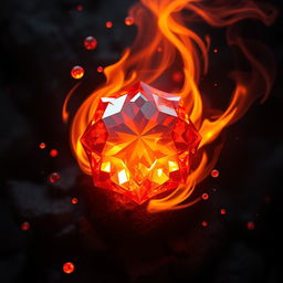 A vibrant, glowing fire gem surrounded by swirling flames, radiating intense heat and light