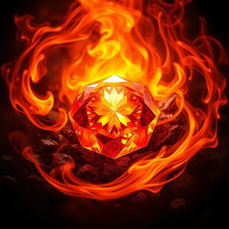 A vibrant, glowing fire gem surrounded by swirling flames, radiating intense heat and light