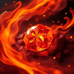 A vibrant, glowing fire gem surrounded by swirling flames, radiating intense heat and light