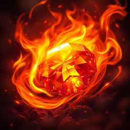 A vibrant, glowing fire gem surrounded by swirling flames, radiating intense heat and light