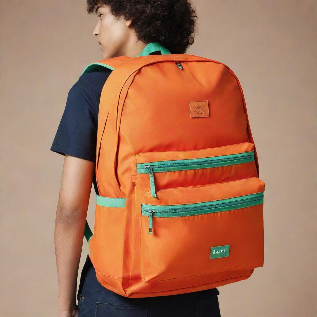 A giant Rappi backpack, depicted in its signature orange color with the Rappi logo prominently displayed