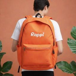 A giant Rappi backpack, depicted in its signature orange color with the Rappi logo prominently displayed