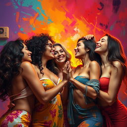 A captivating and artistic representation of female empowerment and intimacy, featuring a group of dynamic and confident women in an abstract, colorful setting