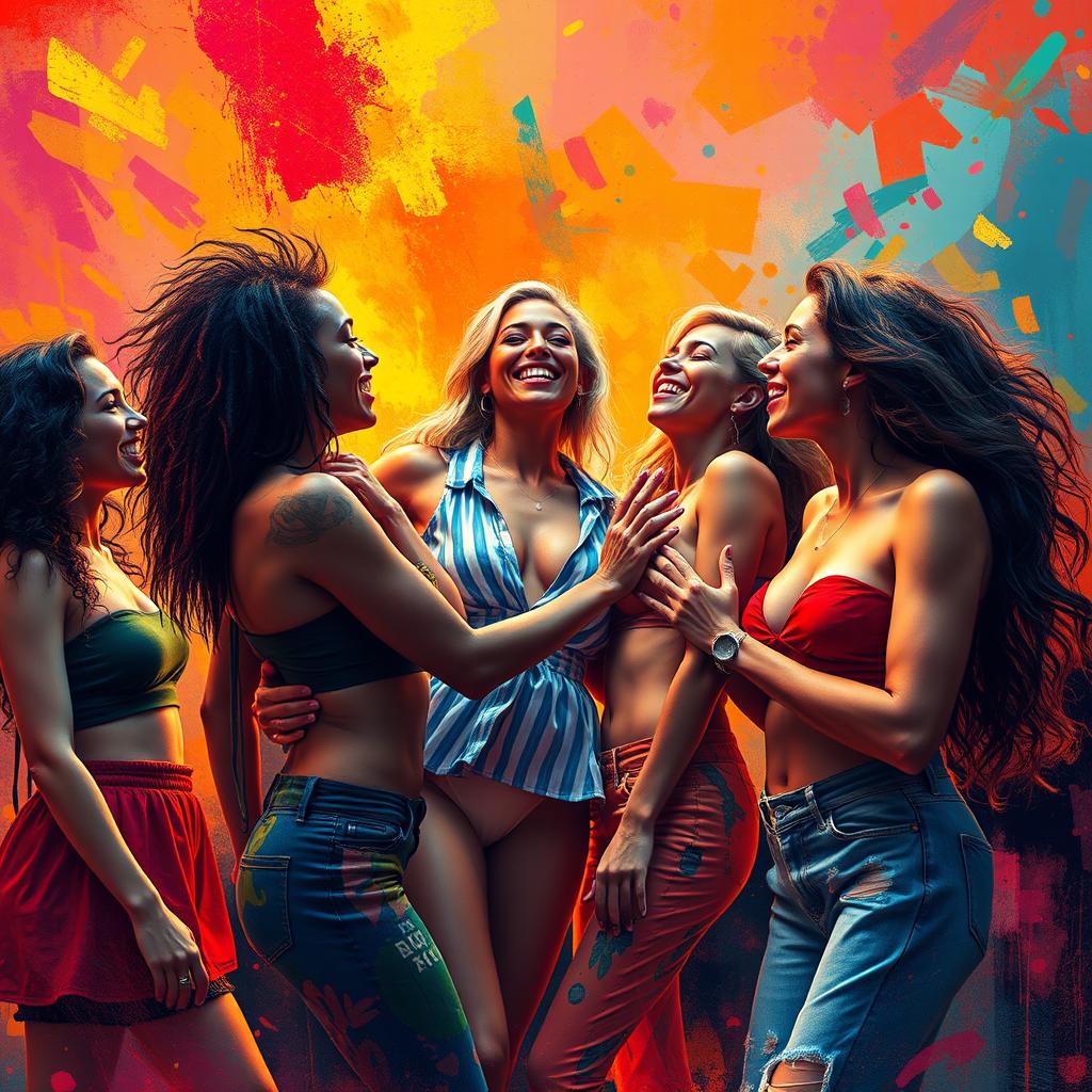 A captivating and artistic representation of female empowerment and intimacy, featuring a group of dynamic and confident women in an abstract, colorful setting