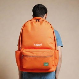 A giant Rappi backpack, depicted in its signature orange color with the Rappi logo prominently displayed