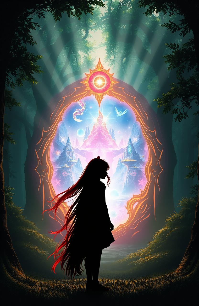 A silhouette of a girl with long flowing red hair stands in front of a bright, magical portal, surrounded by a mystical forest