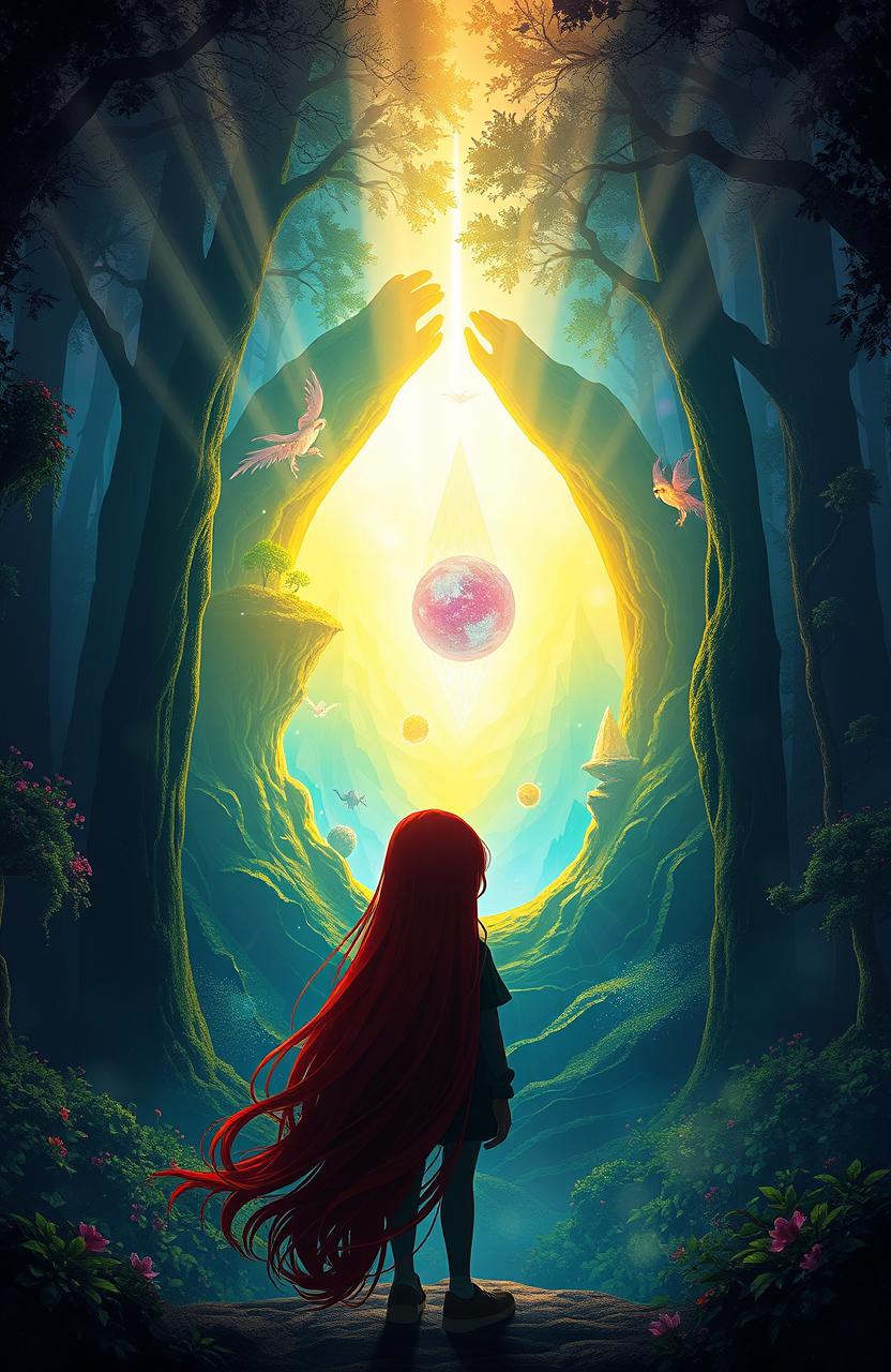 A silhouette of a girl with long flowing red hair stands in front of a bright, magical portal, surrounded by a mystical forest