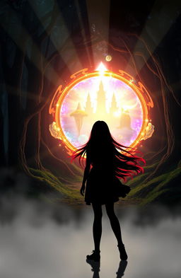 A silhouette of a girl with long flowing red hair stands in front of a bright, magical portal, surrounded by a mystical forest