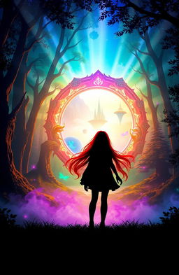 A silhouette of a girl with long flowing red hair stands in front of a bright, magical portal, surrounded by a mystical forest