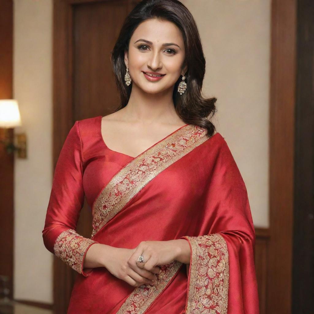 Divyanka Thripathi wearing a glossy red silk satin saree with a long sleeve jacket, and a slight smile on her face