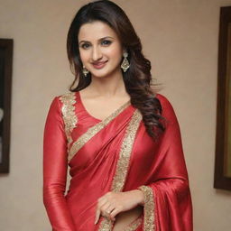 Divyanka Thripathi wearing a glossy red silk satin saree with a long sleeve jacket, and a slight smile on her face