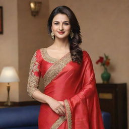 Divyanka Thripathi wearing a glossy red silk satin saree with a long sleeve jacket, and a slight smile on her face