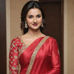 Divyanka Thripathi wearing a glossy red silk satin saree with a long sleeve jacket, and a slight smile on her face