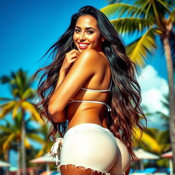 A stunningly beautiful Latin woman with a fit physique, showcasing an impressive and massive butt