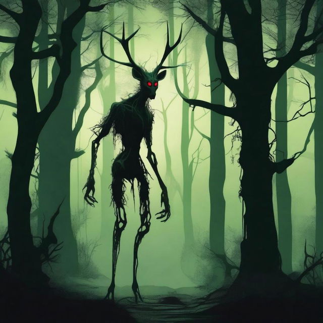 A dark, eerie forest scene featuring a tall, slender creature with antlers, standing ominously among twisted, leafless trees