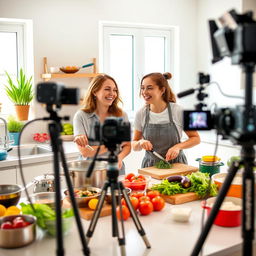 Two young women joyfully cooking together in a bright, modern kitchen, surrounded by colorful ingredients, pots and pans