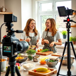 Two young women joyfully cooking together in a bright, modern kitchen, surrounded by colorful ingredients, pots and pans