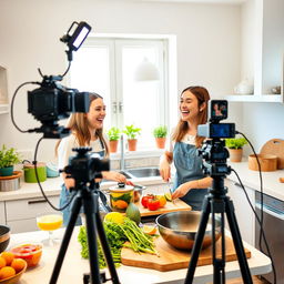 Two young women joyfully cooking together in a bright, modern kitchen, surrounded by colorful ingredients, pots and pans