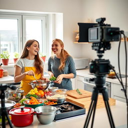 Two young women joyfully cooking together in a bright, modern kitchen, surrounded by colorful ingredients, pots and pans