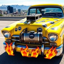 A vibrant yellow Chevrolet Bel Air gasser car adorned with Moon Eyes stickers, featuring a fuel tank mounted on the front bumper