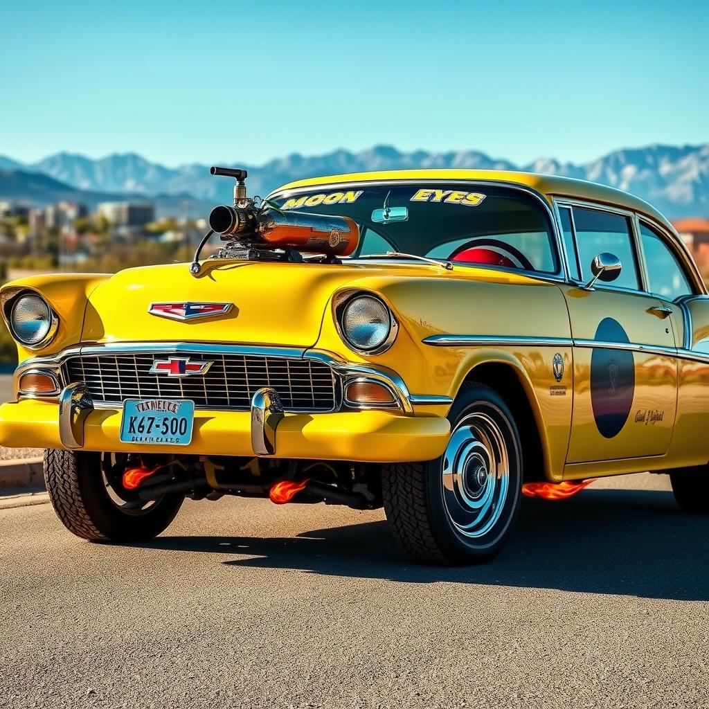 A vibrant yellow Chevrolet Bel Air gasser car adorned with Moon Eyes stickers, featuring a fuel tank mounted on the front bumper