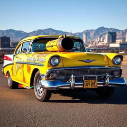 A vibrant yellow Chevrolet Bel Air gasser car adorned with Moon Eyes stickers, featuring a fuel tank mounted on the front bumper