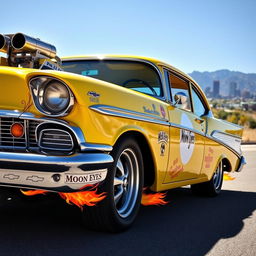 A vibrant yellow Chevrolet Bel Air gasser car adorned with Moon Eyes stickers, featuring a fuel tank mounted on the front bumper