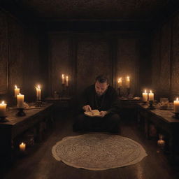 An arcane room lit dimly by flickering candles, in the center of which stands a man with an air of mystery, deeply engrossed in attempting to master the intricate symbols and movements of black magic.