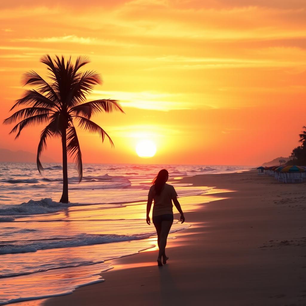 A serene and inviting beach scene during sunset, with soft waves lapping at the shore