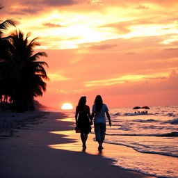 A serene and inviting beach scene during sunset, with soft waves lapping at the shore