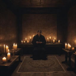 An arcane room lit dimly by flickering candles, in the center of which stands a man with an air of mystery, deeply engrossed in attempting to master the intricate symbols and movements of black magic.